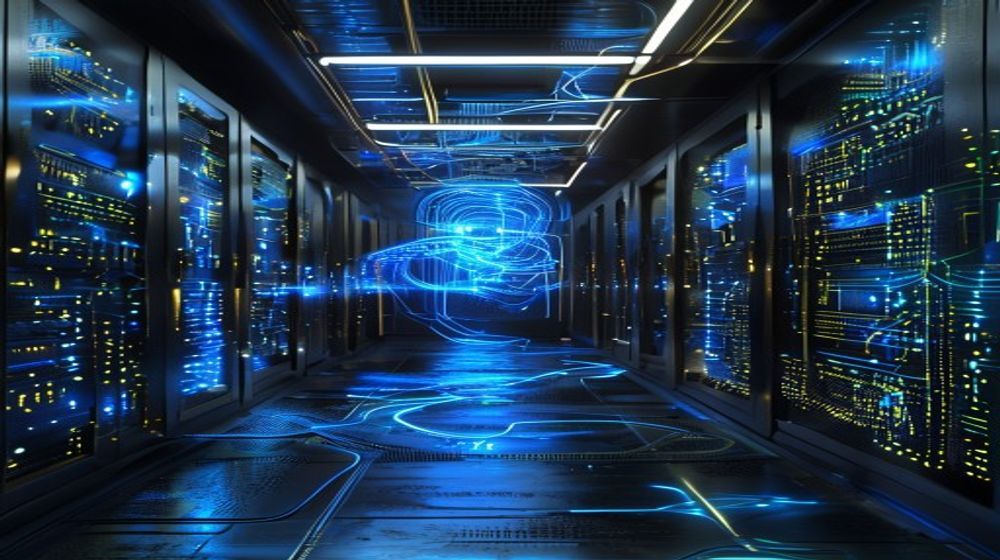 A cyber-futuristic server room with glowing blue data cables, minimalist design, sleek metallic surfaces, a holographic representation of network traffic flowing efficiently, old money aesthetics in the form of subtle brass accents and dark wood, cinematic lighting, micro-macro details, no text, no words, no logos.