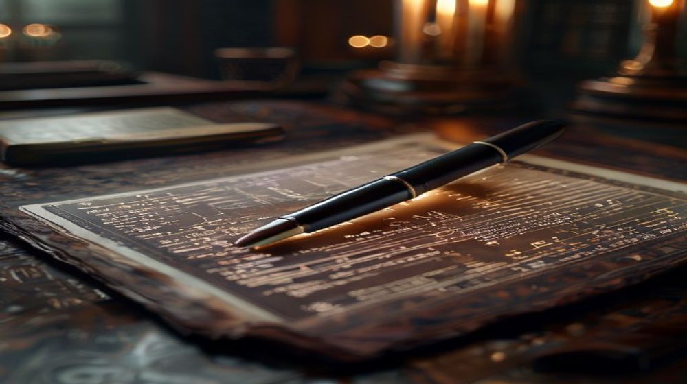 A detailed, glowing financial report projected onto an antique mahogany desk, with subtle digital graphs and data points overlaying a vintage ledger. A sleek, modern digital stylus hovers over the report. The scene evokes minimalist luxury, cyber-futuristic precision, and old-money elegance, with high contrast and cinematic lighting, no text or logos.