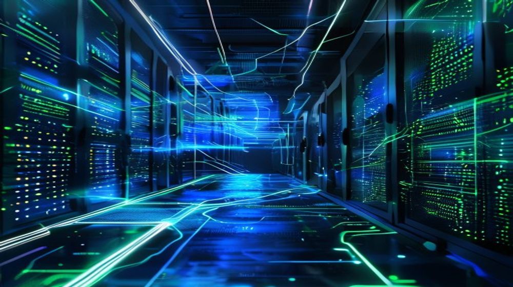 Abstract representation of digital data flow and sleek server architecture, with glowing blue and green lines indicating information moving between on-premise hardware and cloud structures. High contrast, minimalist luxury, cyber-futuristic, old money aesthetic with cinematic lighting. No text or logos.